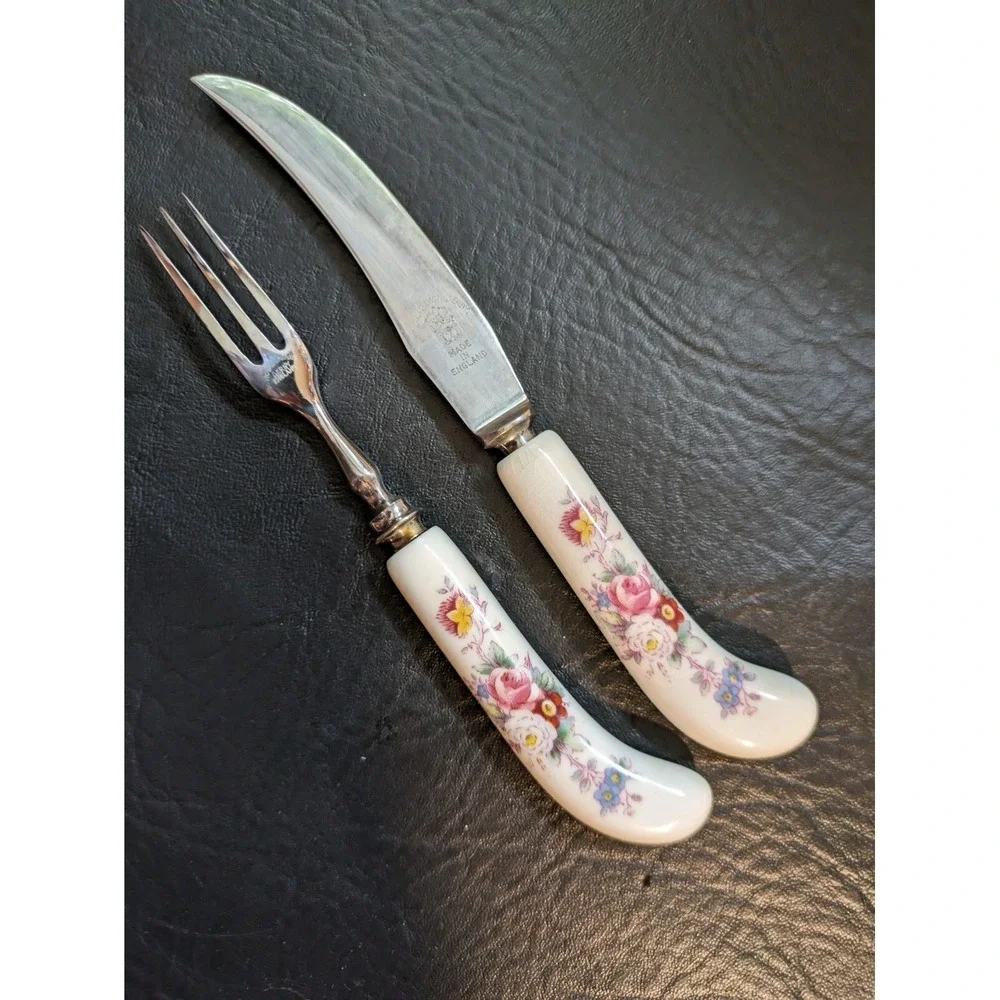 Royal Crown Derby Posies Replacement  Fruit Forks Knife Porcelain Handle 7 Inch